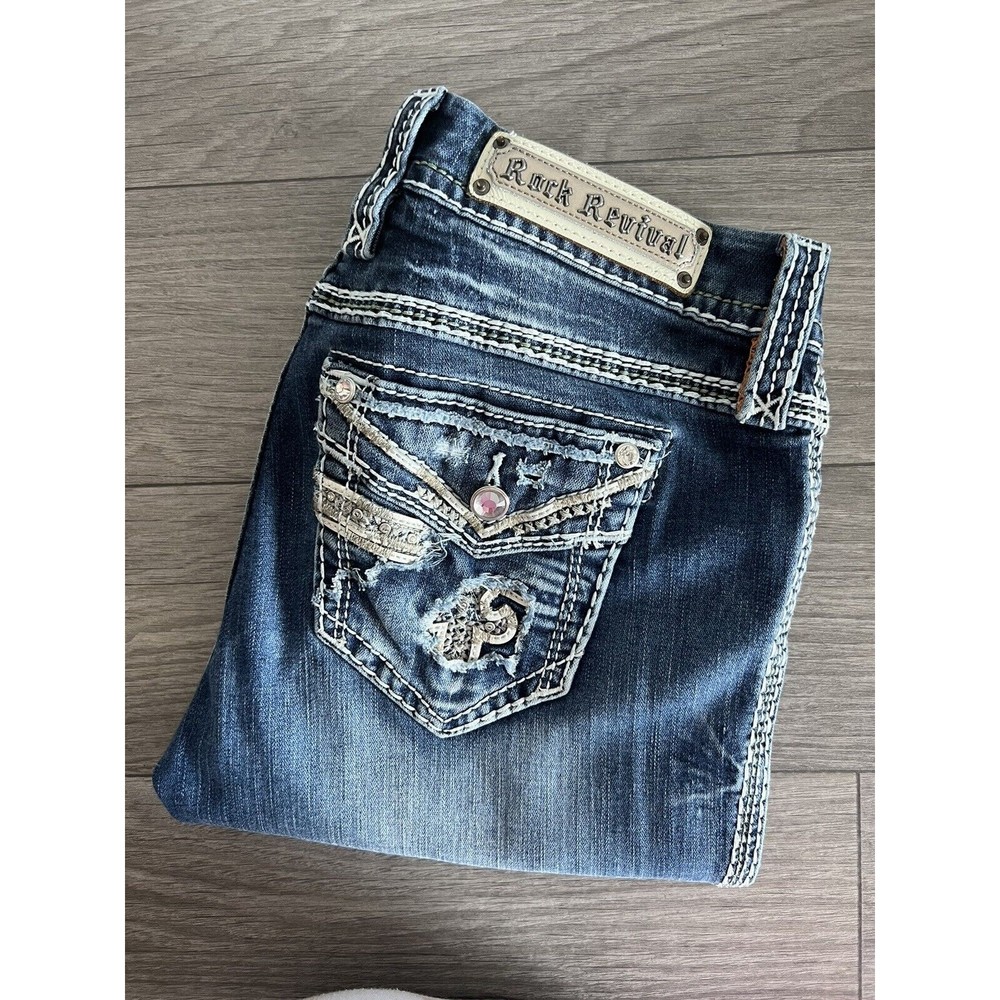 Rock Revival Women's Lyon Easy Boot Denim Jeans Rhinestones Size 28